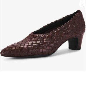 YDN Red-brown Pointy Toe Slip On Checkered Pumps Low Block Stacked Heels Shoes